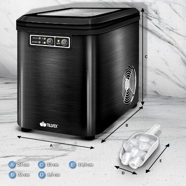 Льодогенератор tillvex з нержавіючої сталі, 12 кг/24 год, 2,2 л резервуар, LED-дисплей, функція самоочищення, 2 розміри кубиків льоду, чорний