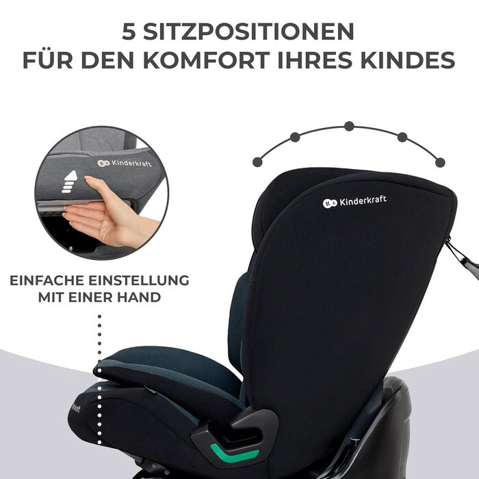 Дитяче автокрісло Kinderkraft ONETO3 I-SIZE 76-150 см, 9-36 кг, з Isofix, регульованим підголівником, 5-точковими ременями безпеки, чорне