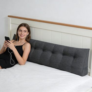 Подушка трикутна для спини OHMG 200x50x20 см темно-сіра з кишенею, для ліжка та дивана, знімний чохол