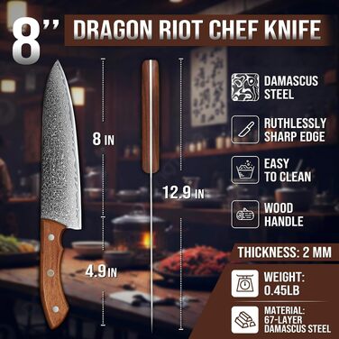 Кухонний ніж для м'яса DRAGON RIOT з дамаської сталі, японський професійний ніж, надгострий, 20 см