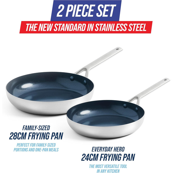 Сковорідки Blue Diamond Triple Steel, діамантове керамічне антипригарне покриття, нержавіюча сталь, набір 2 шт (24 см і 26 см), тришарові, без PFAS, для індукції, можна мити в посудомийці та використовувати в духовці, сріблясті