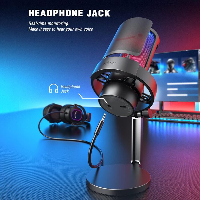 FIFINE USB мікрофон для ПК, геймінгу, стрімінгу, подкастів, студії, з RGB-підсвіткою, вимикачем звуку, виходом для навушників і поп-фільтром, сумісний з PS4, PS5, Mac