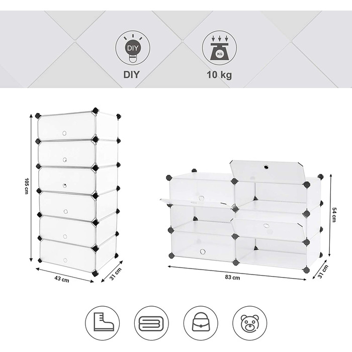 SONGMICS модульний стелаж для взуття з пластику та металу, 12 секцій, 83 x 31 x 105 см, чорний, органайзер для зберігання взуття, шафа для одягу
