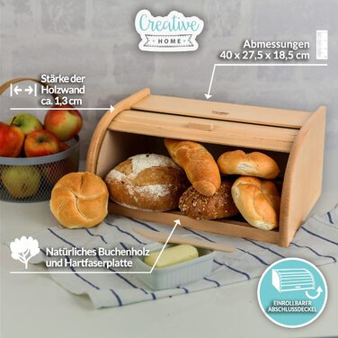 Дерев'яний хлібниця з роликовою кришкою Creative Home, 38x28,5x17,5 см, натуральна, для хліба, булочок та випічки, стильна хлібна скриня для кухні