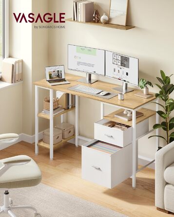 Комп'ютерний стіл VASAGLE BARNET з 3 полицями та 2 шухлядами, 127 x 50 x 76 см, офісний стіл у сучасному стилі (Дуб натуральний/Білий матовий), LWD103YD01