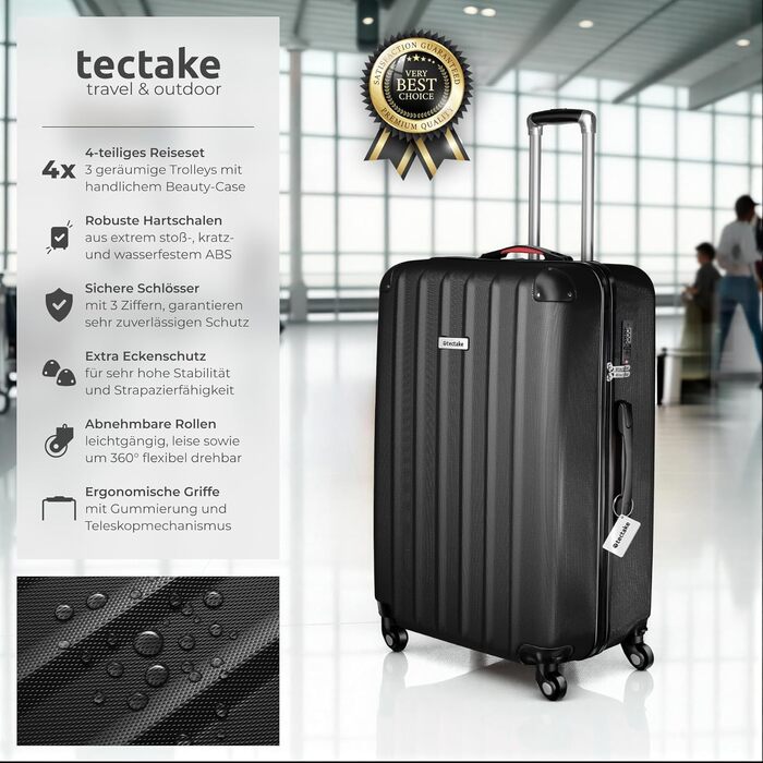 Набір валіз Tectake 4 шт. з вагою та брелоком, полікарбонат, чорний - дорожні валізи з кодовим замком та колесами 360°