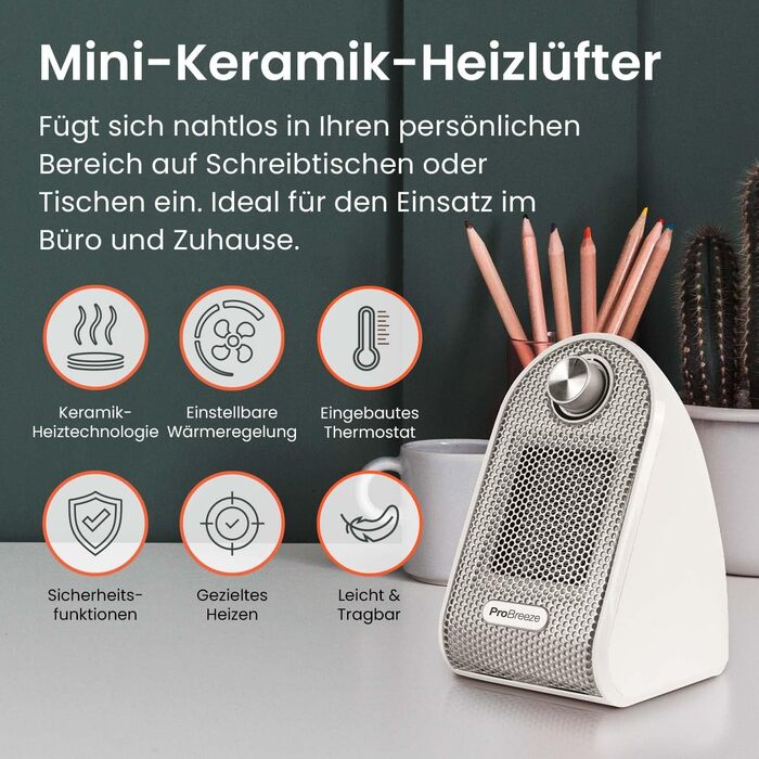 Керамічний обігрівач Pro Breeze 500W — компактний електричний тепловентилятор для робочого столу з термостатом та захистом від перегріву та перекидання