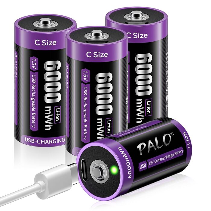 Акумулятори LR14 (Baby C) 1.5V 6000mWh Li-ion з USB-C портом для швидкої зарядки, 4 шт. — Перезарядні літієві батареї з кабелем