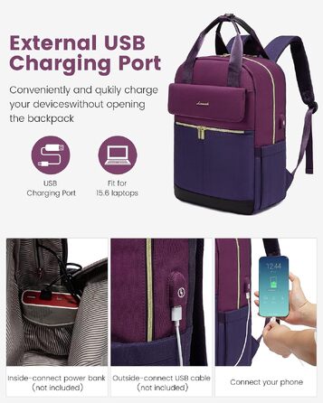 Жіночий рюкзак LOVEVOOK для ноутбука 15.6 дюймів з USB-портом, водонепроникний шкільний та міський рюкзак для дівчат, офісу та подорожей, фіолетово-блакитний
