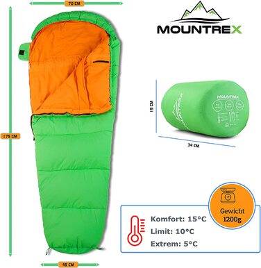 Дитячий спальний мішок MOUNTREX мумія, рюкзак, бавовна, синьо-зелений, 175x70x45 см для кемпінгу, подорожей, намету, легкий та компактний