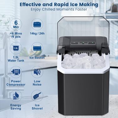 Льодогенератор Ice Cube Maker 12 кг/24 год, швидке виробництво льоду (6-8 хв), 2 розміри кубиків, самоочищення, чорний - для дому, офісу, бару