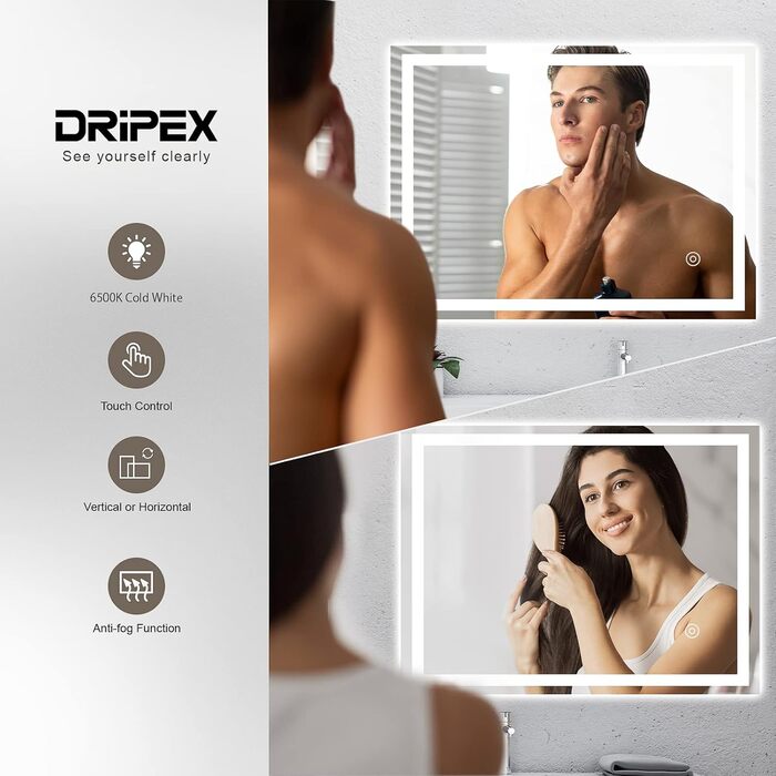 Дзеркало для ванної кімнати Dripex LED з підсвічуванням, сенсорна кнопка, протизапітніння, 6400K, енергозбереження, 50x70 см