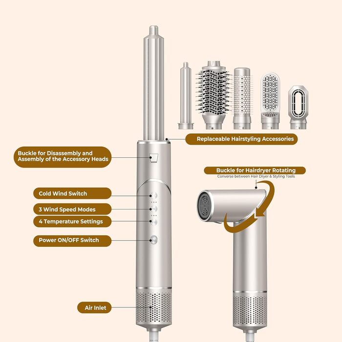 UKLISS Airstyler 5 в 1: Фен-щітка, стайлер для волосся з іонізацією та насадкою для кудрі (Золотий)