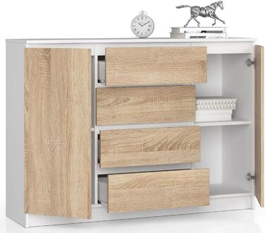 Комод AKORD K 140 см, 4 шухляди, 2 двері, білий/сонома, сучасний дизайн, для вітальні, спальні, кабінету, ламінована ДСП