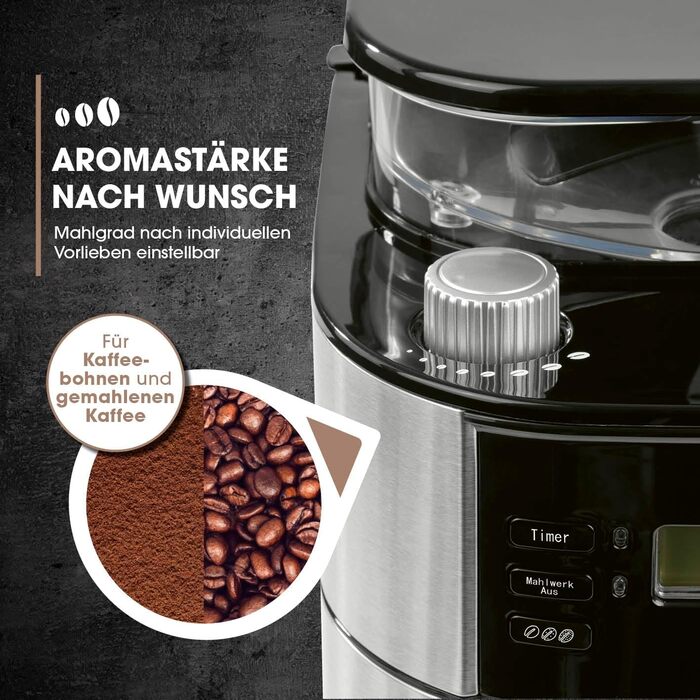 Кавомашина Barista Filterkaffeemaschine з регульованим млинком та скляною кавою | Функція підігріву, таймер 24 год та постійний фільтр | Для 10 чашок кави | Кавомашина для зерен та меленої кави [Нержавіюча сталь] (5) Нержавіюча сталь - термокава - з млинк