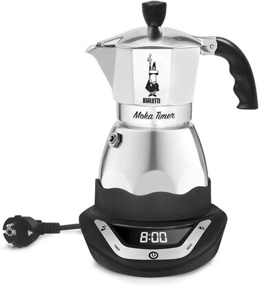 Електрична кавоварка Bialetti Moka з таймером, 6 чашок, 365 Вт, сріблясто-чорна