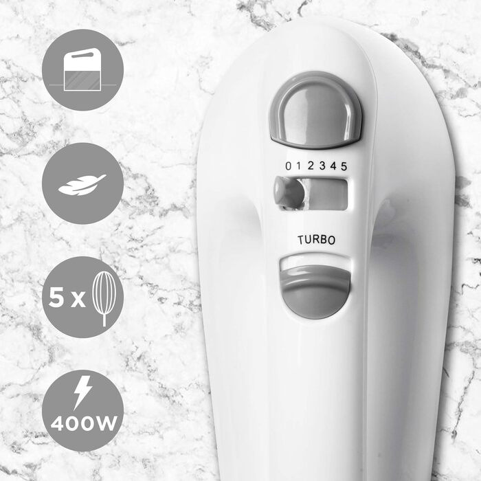 Електричний ручний міксер Duronic HM4 WE 400 Вт з насадками та контейнером для зберігання, білий, для тіста та випічки