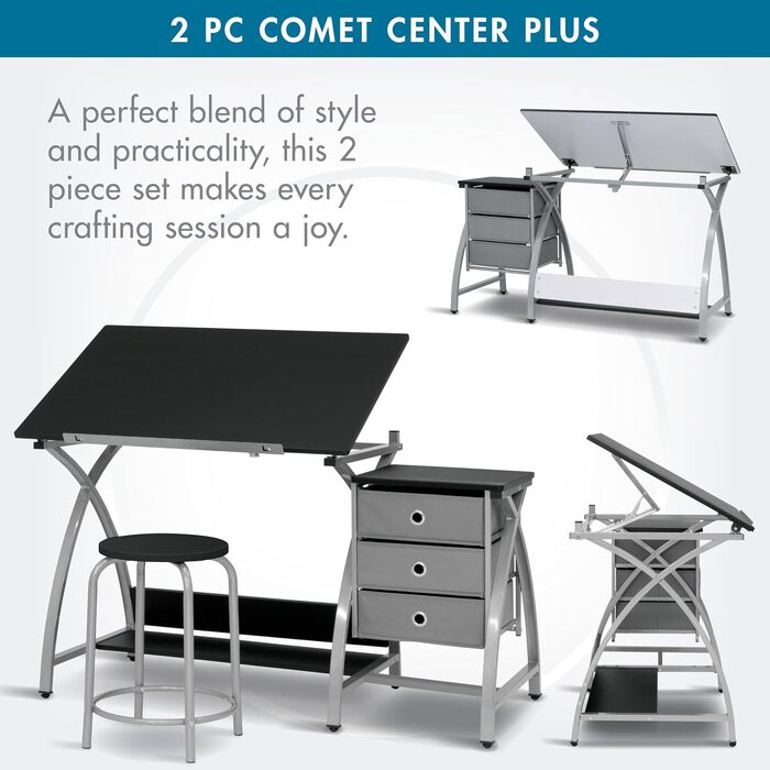 Набір стіл для малювання та стілець SD Studio Designs Comet Center Plus з регульованою стільницею та місцем для зберігання, сталь, сріблястий/чорний, 50x60x75 см
