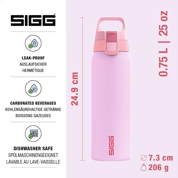 Спортивна пляшка для води Sigg Shield ONE з нержавіючої сталі для газованих напоїв, герметична, BPA-free, 0.75 л, колір Petal