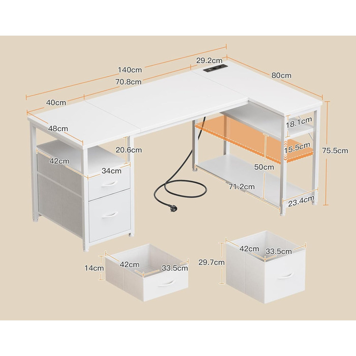 Кутовий письмовий стіл Coleshome з 2 шухлядами та полицею, 140x80 см, білий. Ігровий стіл для дому та офісу з розеткою
