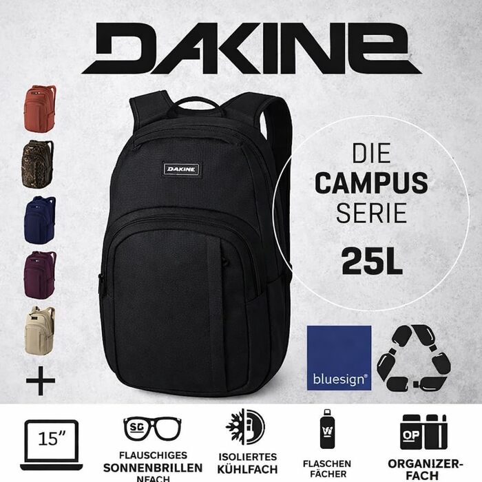 Унісекс рюкзак Dakine Campus 25L для школи, подорожей та ноутбука, водовідштовхуючий, чорний
