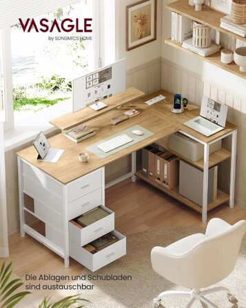 Кутовий комп'ютерний стіл VASAGLE L-подібний з розетками, 4 шухляди, USB, 160x80 см, колір натуральний дуб LWD173KD01