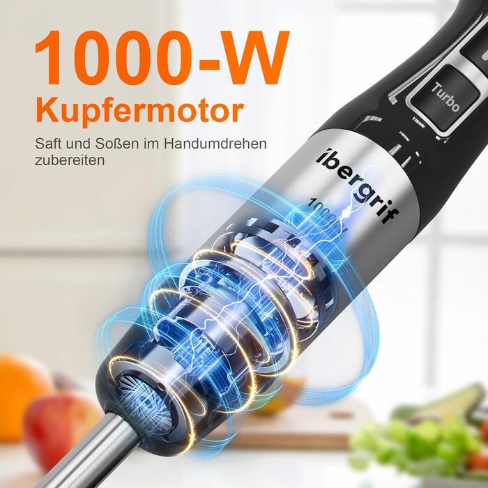 Блендер занурювальний Ibergrif 1000W з регулюванням швидкості та турбо режимом, нержавіюча сталь. Для супів, смузі, пюре, соусів та дитячого харчування (з насадками: вінчик, подрібнювач, мірний стакан)