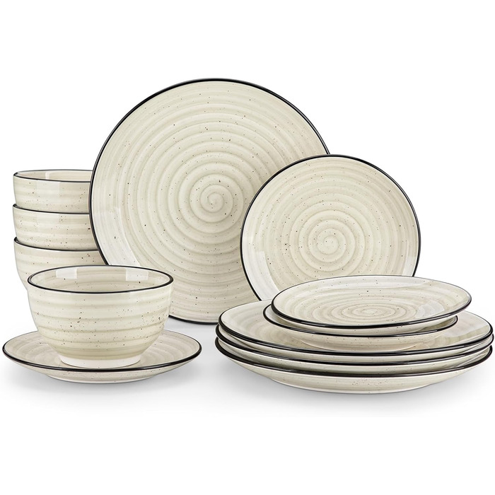 Набір посуду vancasso BONBON бежевий, 12 предметів для 4 осіб, столовий сервіз із тарілками та мисками, ручний розпис спіральним візерунком