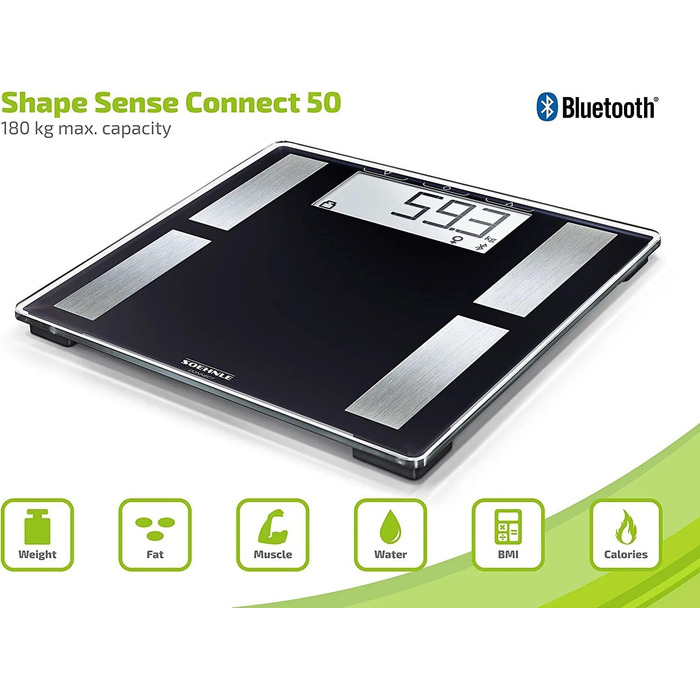 Ваги Soehnle Shape Sense Connect 50 з Bluetooth, аналітичні ваги для біоімпедансного аналізу тіла, електронна вага для вимірювання жиру, з великим LCD-дисплеєм, чорні, з мобільним додатком
