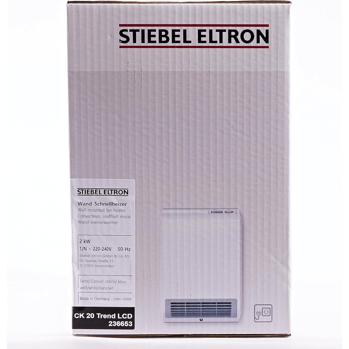Керамічний електрообігрівач STIEBEL ELTRON CK 20 Trend LCD 2 кВт, енергоощадний, для ванної кімнати, 25 м², тижневий таймер, LCD-дисплей, TÜV, Німеччина