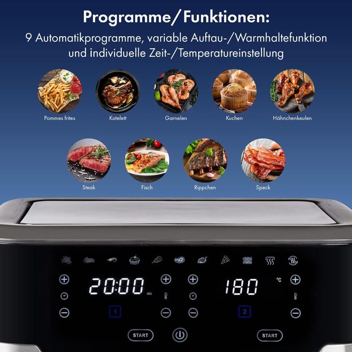 ProfiCook Подвійна аерофритюрниця 9 л XXL, 2400 Вт, 9 програм, сенсорне управління, подвійна камера, без олії