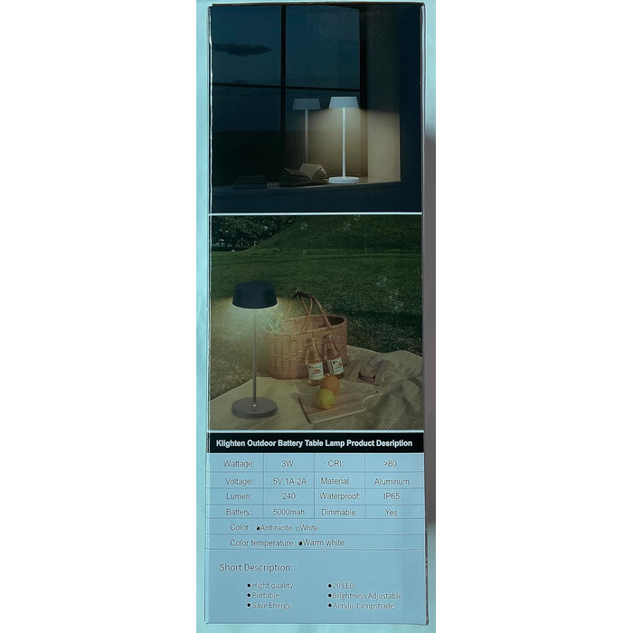 Klighten Диммовані LED акумуляторні настільні лампи, 2 шт, алюмінієві, сенсорне керування, IP54, для спальні та ресторану, тепле світло 3000K, антрацит, USB зарядка