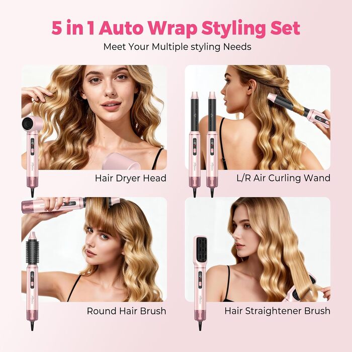 Atopskins Airbrush Haarstyler 5-в-1: Фен-щітка, стайлер для волосся з гарячим повітрям, випрямляч, плойка (Червоний)