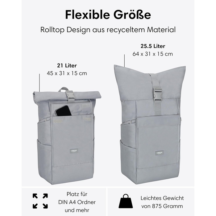 LARKSON рюкзак для жінок і чоловіків No 4 Large, ролтоп 21 л, відділення для 16'' ноутбука, універсальний для навчання, роботи, велосипеда, великий туристичний рюкзак з кріпленням на валізу, чорний-сірий
