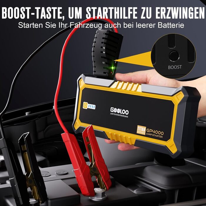 Powerbank Starthilfe GOOLOO GP2000 для автомобілів: 4000A, USB-швидка зарядка, LED, кабель для підзарядки, 8.0L бензин/6.0L дизель