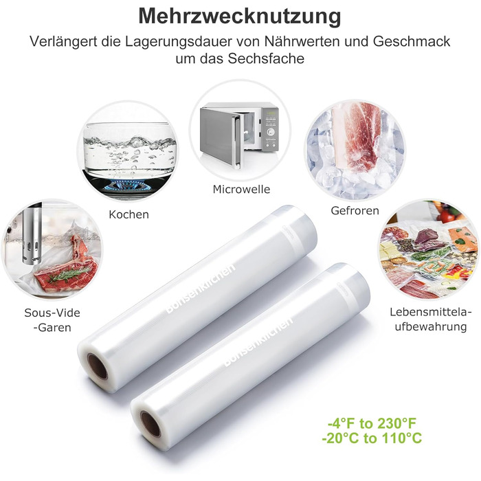 Рулони для вакуумного пакування Bonsenkitchen 28x600 см (2 шт.) - міцні пакети для вакууматора, харчові, для су-від, без BPA