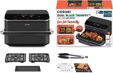 Фритюрниця COSORI з 2 камерами Dual Blaze TwinFry 10L, з 4 нагрівальними елементами, чорний/сріблястий