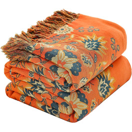 HOORDRY плед з бавовни двосторонній Boho, покривало з китицями 230×250 см, м'яка тепла ковдра для дивану, ліжка чи крісла, зелено-оранжева
