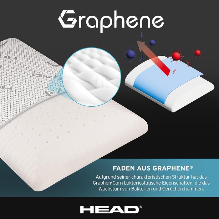 Подушка ортопедична з піни Memory Foam та графеном HEAD Active Rest 42x72 см для шиї та голови, антистатична, підвищує рівень мелатоніну