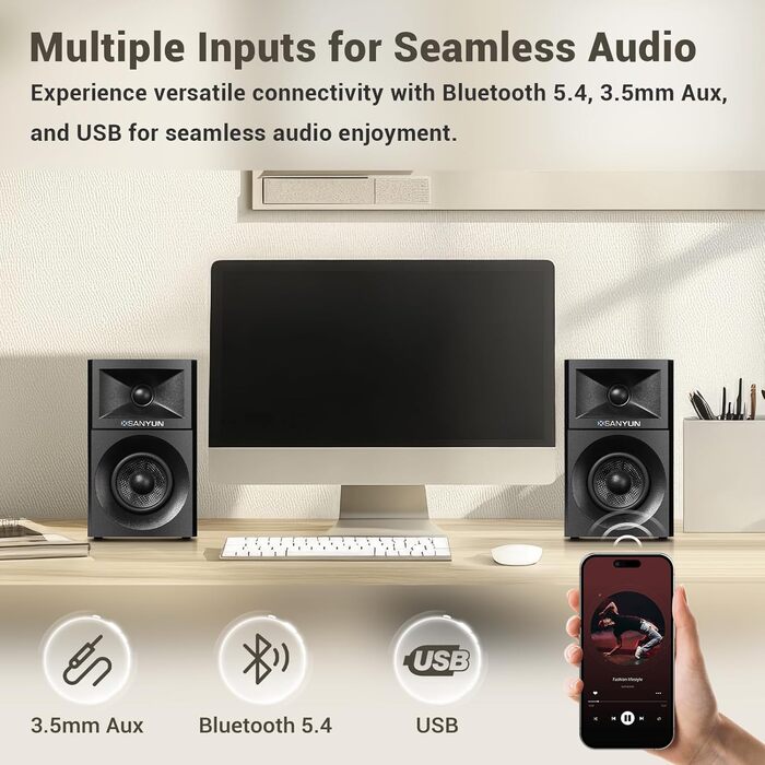 Sanyun SW203: Акустична система 4.0, 60W, 4-Way, DSP, 3D звук, USB/Bluetooth 5.4, AUX, для студії, пара, чорний