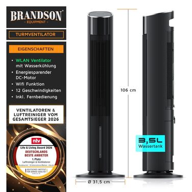 Brandson ECO GREEN Турельний вентилятор з водяним охолодженням та WiFi (Smart Home/Alexa) - Чорний матовий