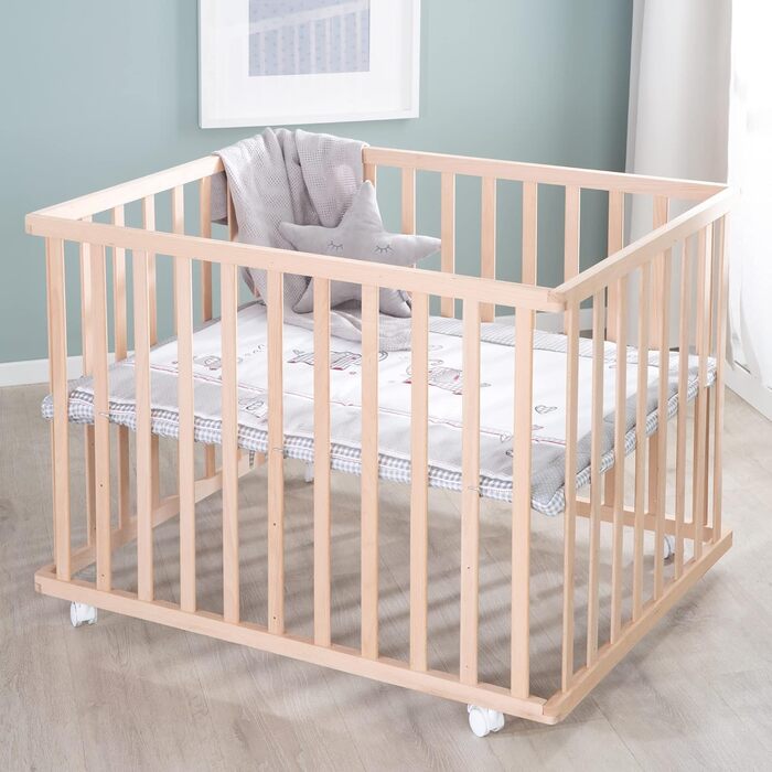 Дитячий манеж-ліжко roba Jumbo Twins 75x100 см, дерев'яний, з матрацем і колесами, регульований по висоті, натуральне дерево