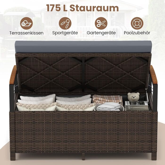 Лавка садова Costway з ротангу Polyrattan, з ящиком для зберігання, 2-місна, сіра (120x61x84 см) для балкона, тераси, саду з подушками