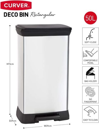 Смітник CURVER Deco Bin 50 л з кришкою та педаллю, чорний/сріблястий, металевий дизайн, пластик, для кухні