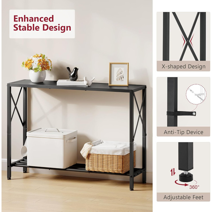 Консольний стіл Tajsoon, вузький пристінний стіл у передпокій та вітальню, 2-рівневий з полицями, 106 см, чорний