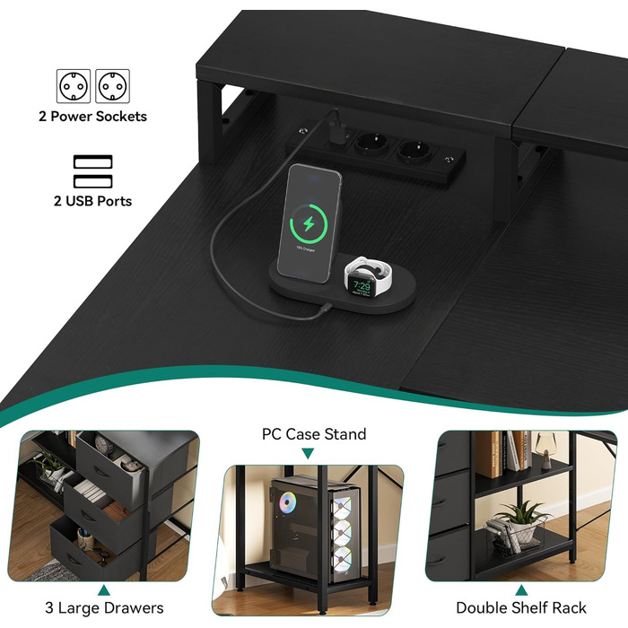 Кутовий комп'ютерний стіл YITAHOME з USB-зарядкою та розеткою, 4 шухляди, полиця, підставка під монітор, 140x100 см, чорний