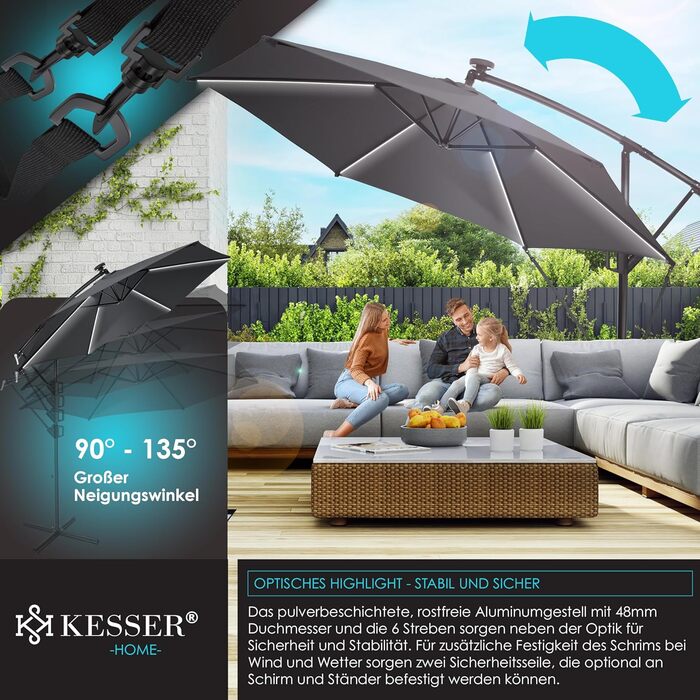 Сонячна алюмінієва парасолька KESSER 350 см з LED підсвіткою, дистанційним керуванням, водовідштовхувальна, UV-захист, з основою, для саду, антрацит