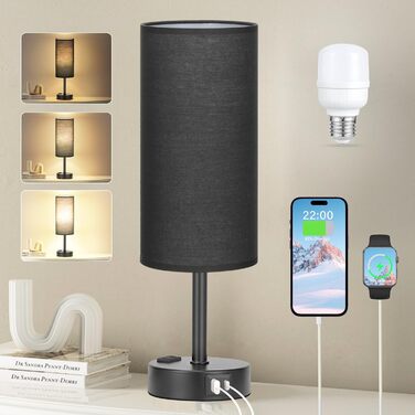 Сенсорна нічна лампа Kakanuo з димером, USB-C/USB-A зарядкою, компактна настільна лампа з лляним абажуром і дерев'яною основою для спальні, вітальні, офісу, з LED-лампою