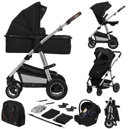 Коляска Lionelo Amber 3-в-1: люлька, автокрісло i-Size, прогулянкове сидіння, повітряні колеса, поворотне сидіння, XXL капюшон UPF 50+, сумка, москітна сітка, дощовик, чорно-срібна