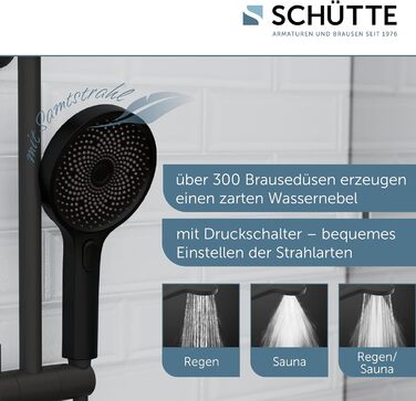 Душова лійка SCHÜTTE SAMOA RAIN, 3 режими, 300 форсунок, антикальк, чорна, індустріальний стиль